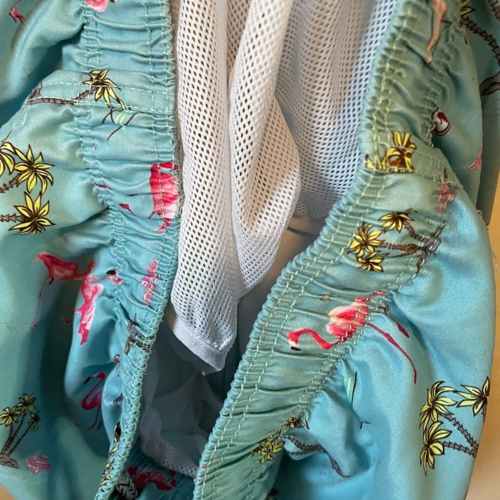 Blue Beachy Flamingo Palm Tree Boat Swimming Trunks With Back Pocket B1 - Picture 4 of 4